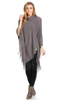 Solid Ribbed Cowl Neck Poncho in Gray - SohoGirl.com
