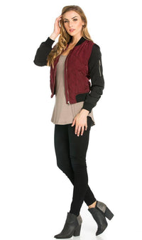 Two-Tone Quilted Bomber Jacket in Burgundy - SohoGirl.com