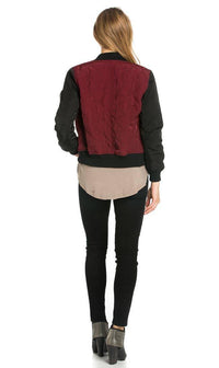 Two-Tone Quilted Bomber Jacket in Burgundy - SohoGirl.com