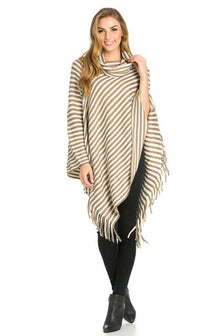 Striped Cowl Neck Fringed Poncho in Beige - SohoGirl.com