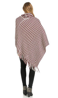Striped Cowl Neck Fringed Poncho in Burgundy - SohoGirl.com