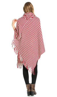 Striped Cowl Neck Fringed Poncho in Red - SohoGirl.com