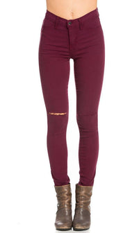High Waisted Knee Slit Skinny Jeans in Burgundy (1-3XL) - SohoGirl.com