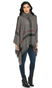 Jumbo Plaid Cowl-neck Poncho Sweater in Gray - SohoGirl.com