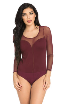 Mesh Insert Long Sleeve Bodysuit in Burgundy (Plus Sizes Available) - SohoGirl.com