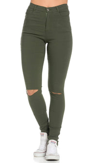 High Waisted Stretchy Knee Slit Pants in Olive - SohoGirl.com