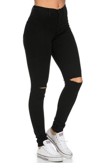 High Waisted Knee Slit Skinny Jeans in Black - SohoGirl.com