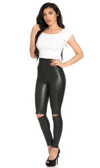 Super High Waisted Knee Slit Faux Leather Leggings in Black (Plus Sizes Available) - SohoGirl.com