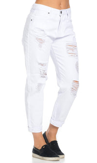 High Waisted Distressed Boyfriend Jeans in White - SohoGirl.com