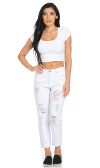 High Waisted Distressed Boyfriend Jeans in White - SohoGirl.com