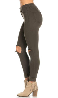 High Waisted Ripped Knee Skinny Jeans in Olive - SohoGirl.com