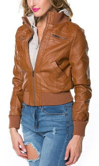 Plus Size Sweater Insert Leather Bomber Jacket in Tan - SohoGirl.com