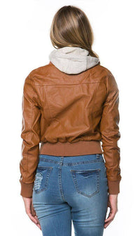 Plus Size Sweater Insert Leather Bomber Jacket in Tan - SohoGirl.com