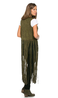 Ultra Fringe Suede Maxi Vest in Olive Green - SohoGirl.com