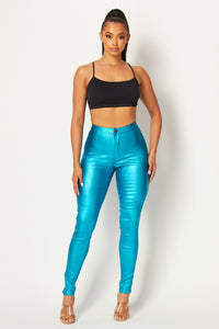 Super High Waisted Faux Leather Stretchy Skinny Jeans - Metallic Turquoise