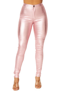 Super High Waisted Faux Leather Stretchy Skinny Jeans - Metallic Rose