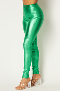 Super High Waisted Faux Leather Stretchy Skinny Jeans - Metallic Green