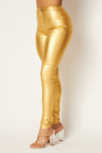 Super High Waisted Faux Leather Stretchy Skinny Jeans - Metallic Gold