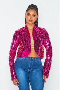 TOO CHIC FOR YOU SHINY METALLIC PATCH WORK JACKET - FUCHSIA