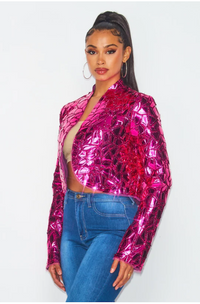 TOO CHIC FOR YOU SHINY METALLIC PATCH WORK JACKET - FUCHSIA