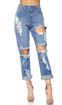 Vibrant High Waisted Distressed Mom Jeans - SohoGirl.com