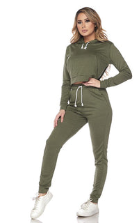 Crop Hoodie and High Waisted Joggers - Olive - SohoGirl.com