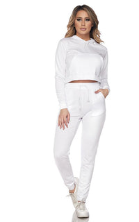 Crop Hoodie and High Waisted Joggers - White - SohoGirl.com