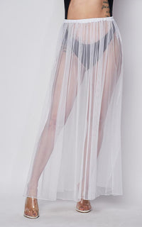 Pleated Double Slit Sheer Maxi Skirt - White - SohoGirl.com