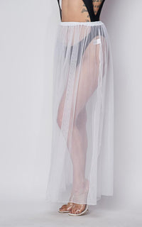 Pleated Double Slit Sheer Maxi Skirt - White - SohoGirl.com