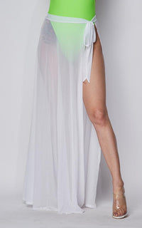 Sheer Tie Waist Side Slit Maxi Skirt - White - SohoGirl.com