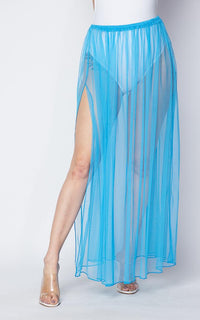 Pleated Double Slit Sheer Maxi Skirt - Sky Blue - SohoGirl.com