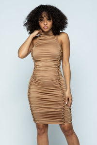 Ruched Turtleneck Dress - Taupe - SohoGirl.com