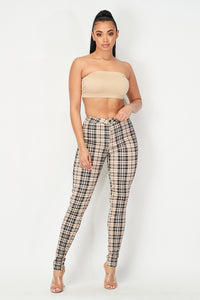 Super High Waisted Checkered Plaid Skinny Jeans - Tan - SohoGirl.com