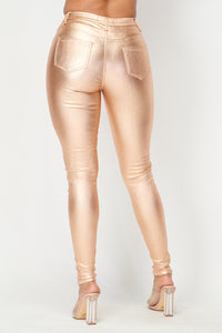 Super High Waisted Faux Leather Stretchy Skinny Jeans - Rose Gold - SohoGirl.com