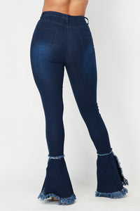 Super High Waisted Distressed Flare Jeans - Dark Denim - SohoGirl.com