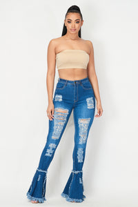 Super High Waisted Distressed Flare Jeans - Denim - SohoGirl.com