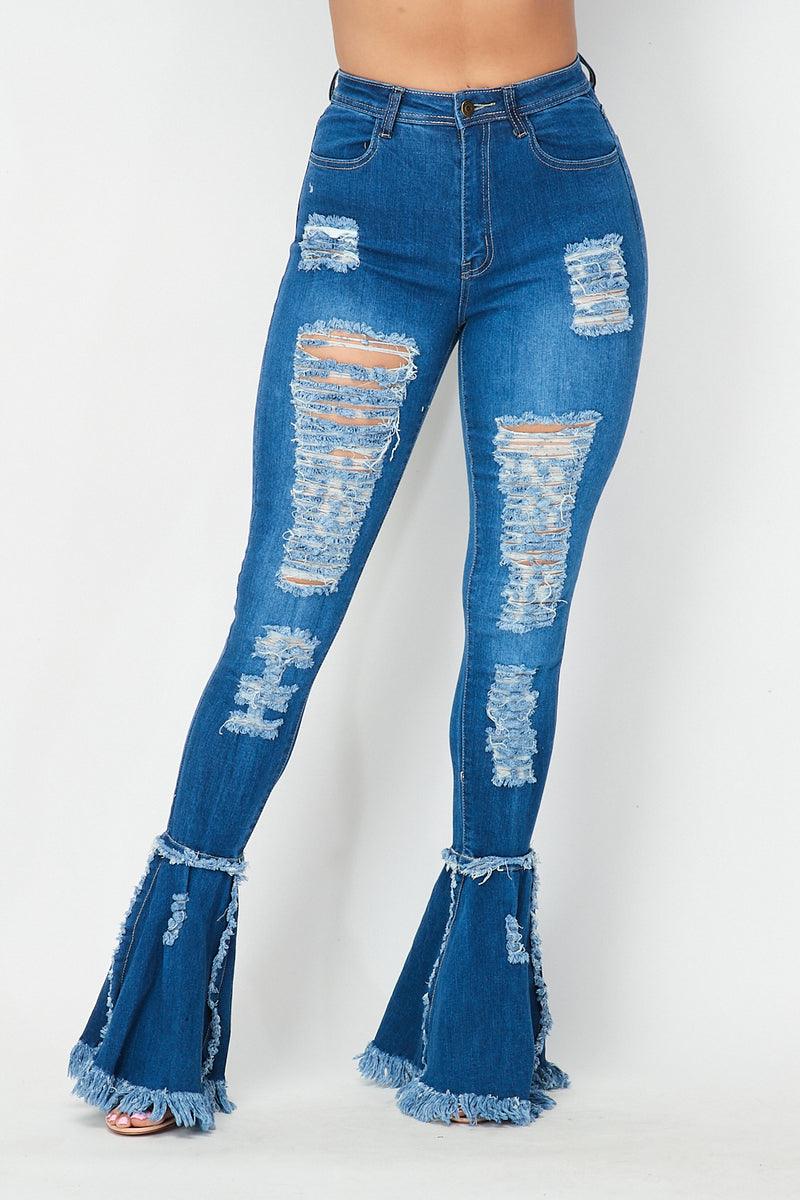 Super High Waisted Distressed Flare Jeans - Denim – SohoGirl.com