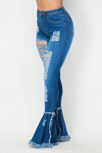 Super High Waisted Distressed Flare Jeans - Denim - SohoGirl.com