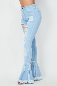 Super High Waisted Distressed Flare Jeans - Light Denim - SohoGirl.com