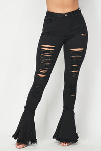 Super High Waisted Distressed Flare Jeans - Black - SohoGirl.com
