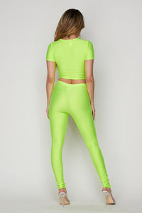 Neon Green Nylon Front Tie Top and Leggings Set - SohoGirl.com