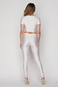 Nylon Front Tie Top and Leggings Set - White - SohoGirl.com