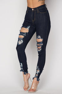 Distressed Ankle High Waisted Skinny Jeans - Dark Denim - SohoGirl.com