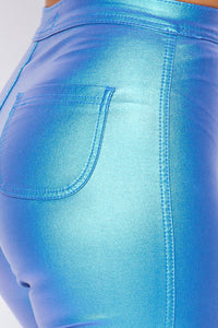 Super High Waisted Faux Leather Stretchy Skinny Jeans - Metallic Sky Blue - SohoGirl.com