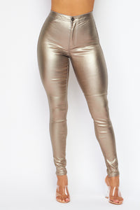 Super High Waisted Faux Leather Stretchy Skinny Jeans - Metallic Gray - SohoGirl.com