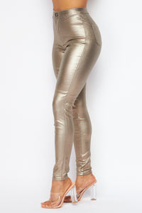Super High Waisted Faux Leather Stretchy Skinny Jeans - Metallic Gray - SohoGirl.com