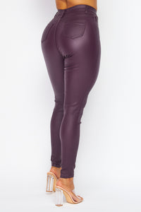Super High Waisted Faux Leather Stretchy Skinny Jeans - Plum - SohoGirl.com