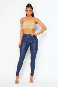 Super High Waisted Faux Leather Stretchy Skinny Jeans - Navy Blue - SohoGirl.com
