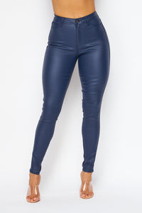 Super High Waisted Faux Leather Stretchy Skinny Jeans - Navy Blue - SohoGirl.com
