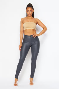 Super High Waisted Faux Leather Stretchy Skinny Jeans - Charcoal Grey - SohoGirl.com